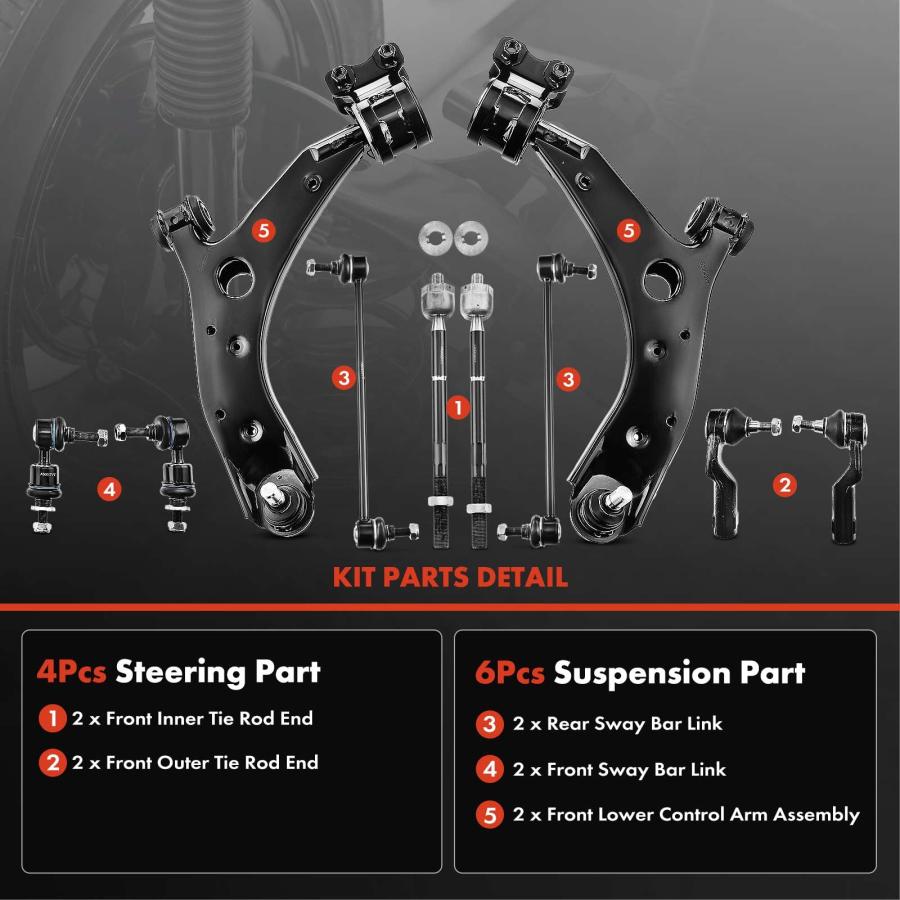 A Premium Set of 10, Front Lower Control Arm, Inner Outer Tie Ro 並行輸入品の画像