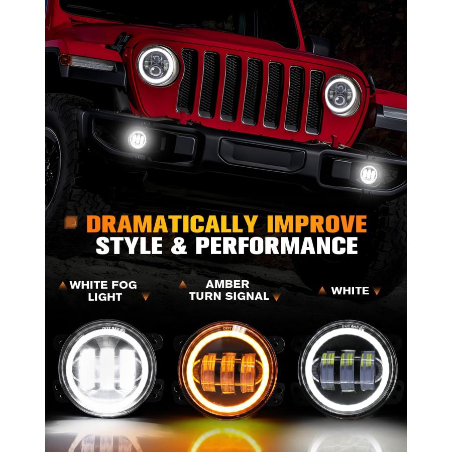 【並行輸入品】MGLLIGHT 4インチ フォグライト ホワイト ヘイロー リング アングル アイ DRL DOT 承認 Wrangler JKの画像