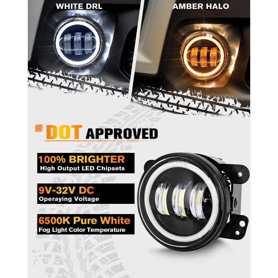 【並行輸入品】MGLLIGHT 4インチ フォグライト ホワイト ヘイロー リング アングル アイ DRL DOT 承認 Wrangler JKの画像