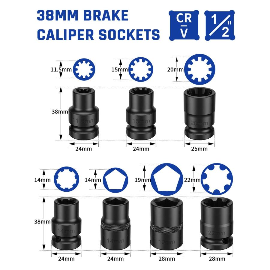 【並行輸入品】 ZOMIYU 16pcs Impact Brake Caliper Socket Set, 1/2\" Square Driveの画像