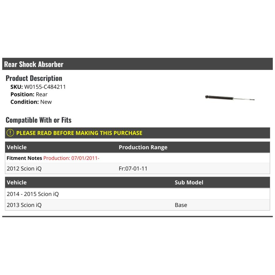 【並行輸入品】 Rear Shock Absorber   Compatible with 2012 2015 Scion iQ Base (Fの画像