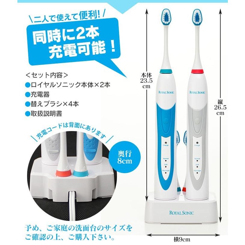 電動歯ブラシ 本体 充電式 音波歯ブラシ 2本セット 替えブラシ 4本付き 夫婦 家族 男女ペア ロイヤルソニック ツー 2 口臭対策