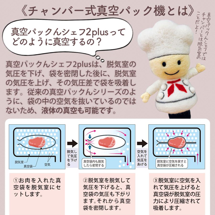 真空パックんシェフ2Plus 真空パック機 液体 汁物 家庭用 シェフ2プラス 真空パック器 専用袋不要 シェフツープラス チャンバー式真空包装機｜wide｜15