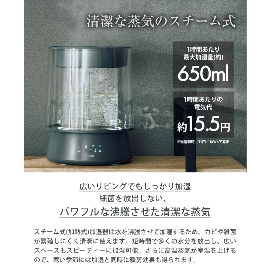 加湿器 スチーム式 スチーム加湿器 上部給水 上から給水 17畳 650mL/h 2.6L ガラス 丸洗い お手入れ簡単 タイマー LEDライト QUADS GLASS QS649 80205 | QUADS | 03