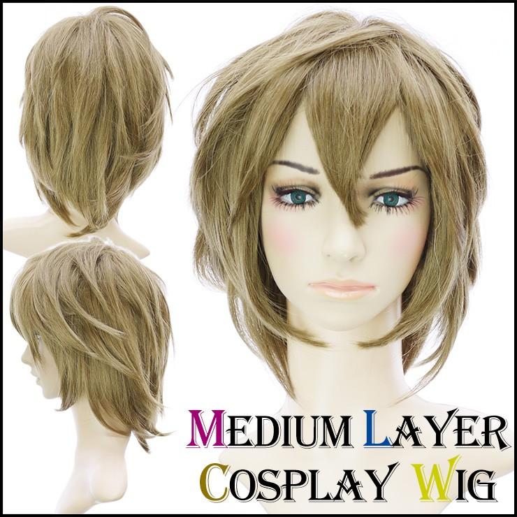 コスプレウィッグ ミディアムレイヤーウィッグ イエローアッシュブラウン フルウィッグ ショート メンズ｜wig-richair