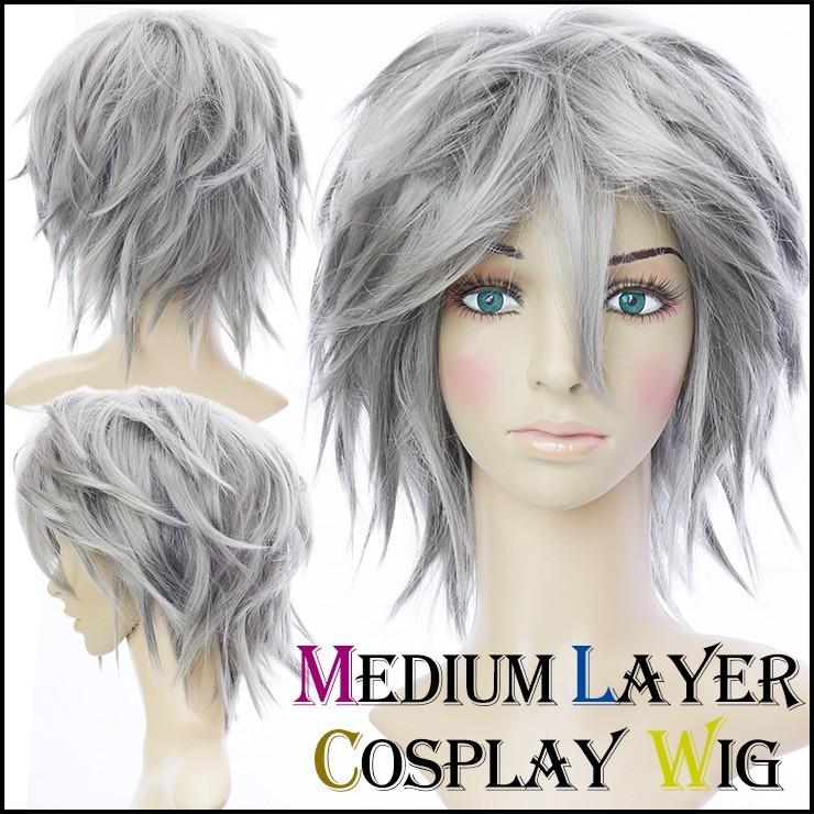 コスプレウィッグ ミディアムレイヤーウィッグ ダークグレー
