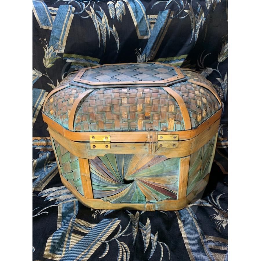 中古 竹籠 箱 変わり種 珍品 竹細工 民芸 民藝 珍しい 日章模様 網み 時代物 骨董 ビンテージ ヴィンテージ  アンティーク 1点物_4