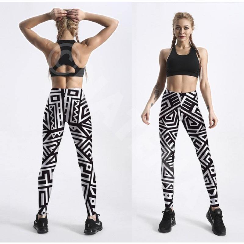 モノクロ モノトーン 幾何学 サイケデリック 柄 9分 レギンス ヨガ