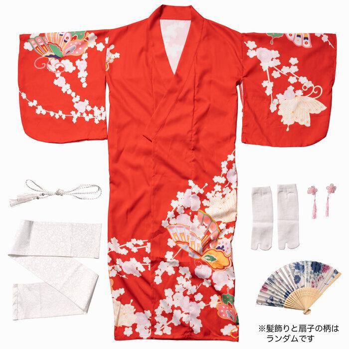 蝶柄の朱赤着物　付属品　全セット レディース着物セット 朱蝶 日本観光 お土産 着物 衣装 コスチューム