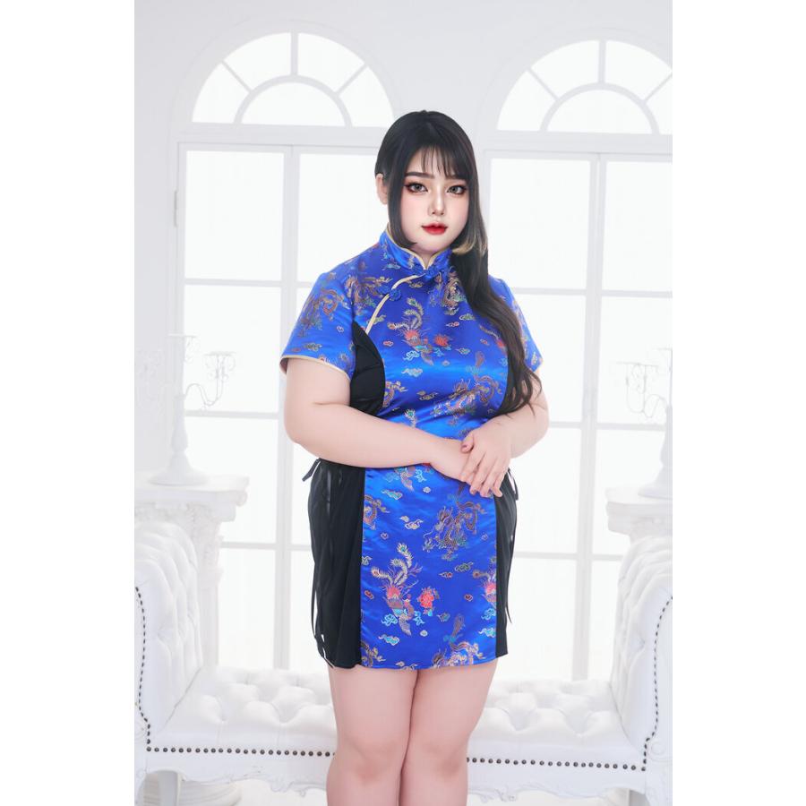 編み上げミニチャイナ 青 4L チャイナドレス コスチューム コスプレ