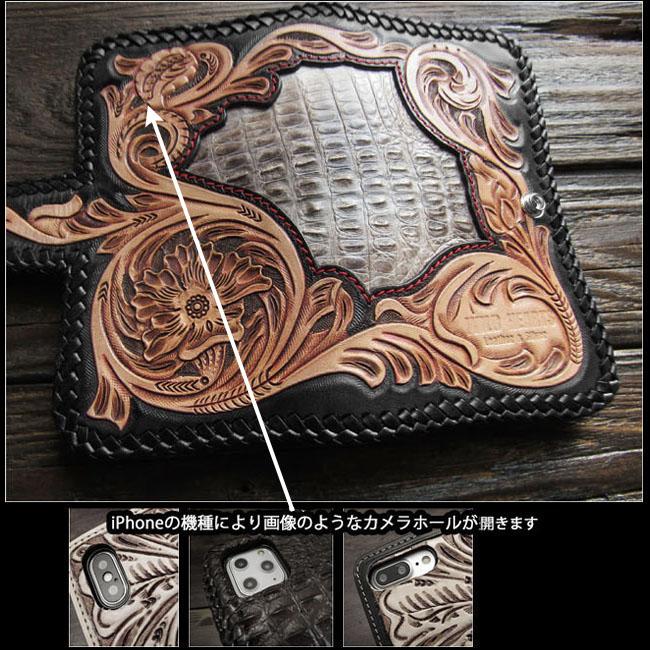 クロコダイル カイマン 手帳型 iPhoneケース 本革 ワニ革 カービング