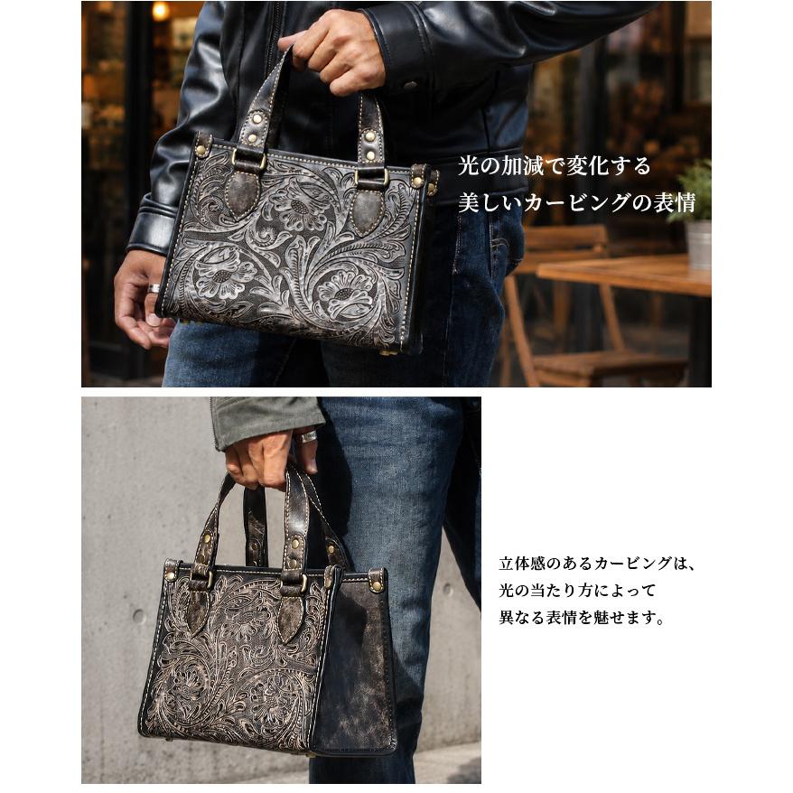 本革 フローラル カービング ミニトートバッグ メンズ ハンドバッグ