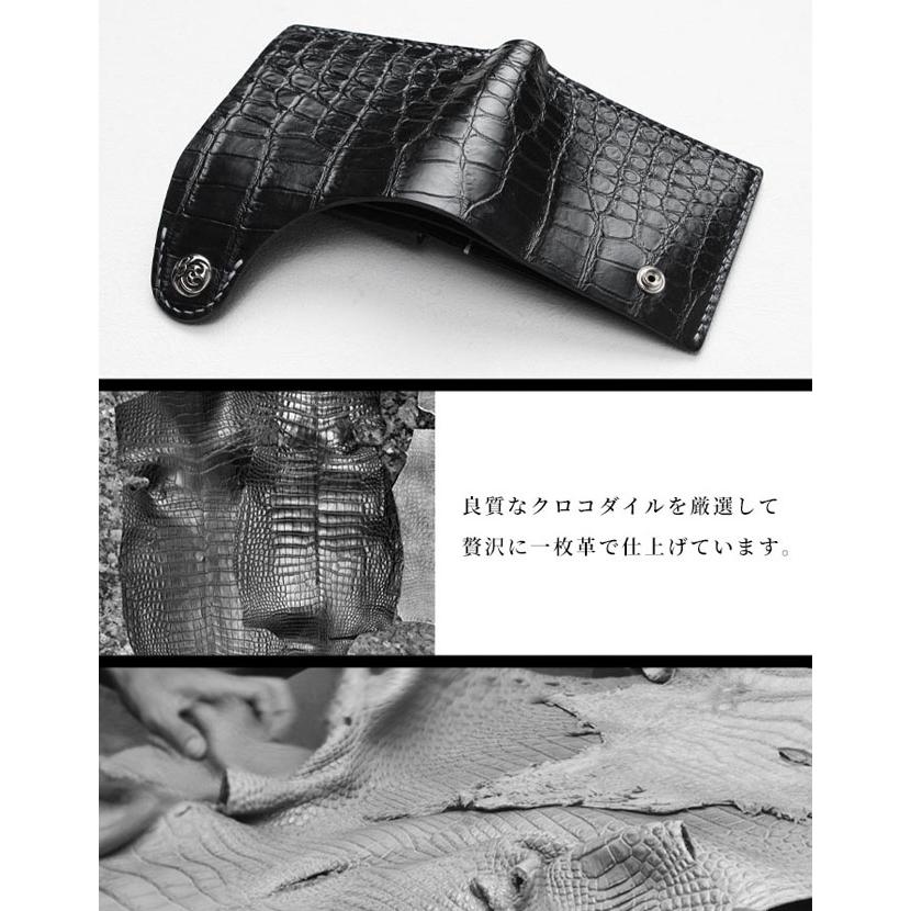 二つ折り財布 ワニ革 クロコダイル 本革 ショートウォレット ブラック