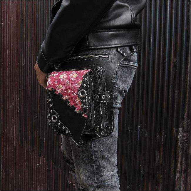 レザー&和柄／友禅柄 ウエストバッグ レッグポーチ ヒップバッグ 本革