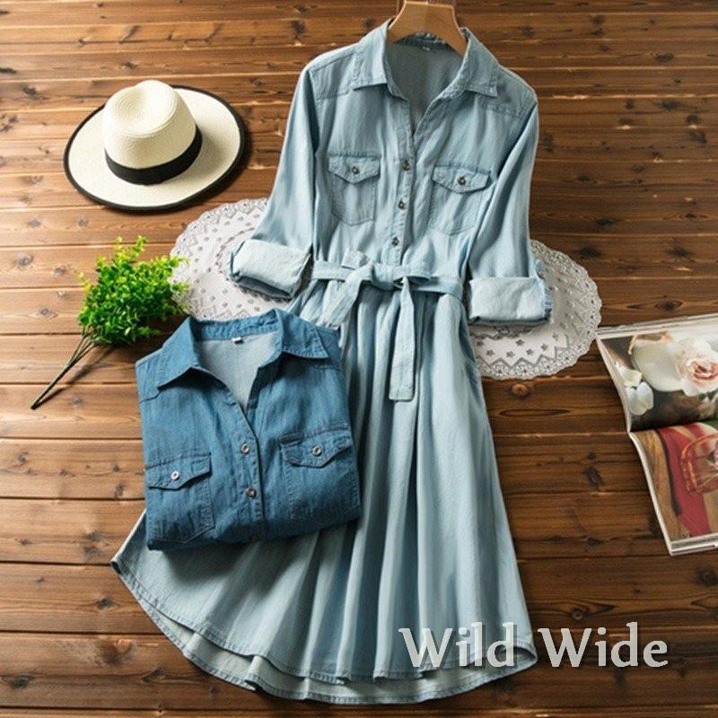 デニムワンピース 40代 秋 コーデ 長袖 デニム チュニック 膝丈 シャツワンピース ベルト付き Aライン 着痩せ カジュアル おしゃれ 通勤 Ol Sun ワイルド ワイド 通販 Yahoo ショッピング