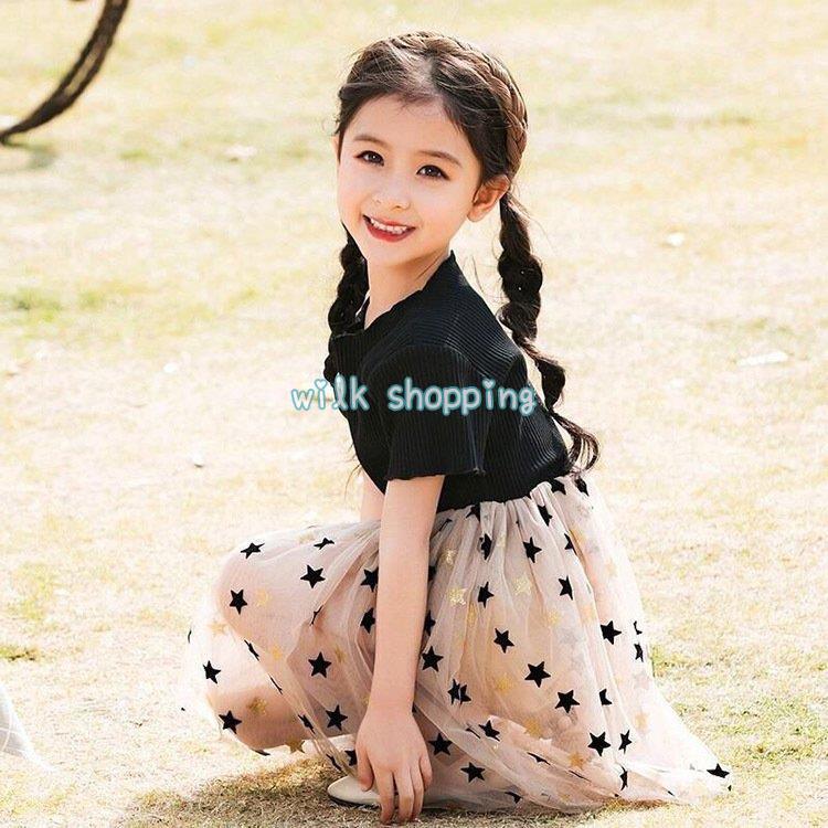 女の子 キッズ ワンピース スカート ピアノ発表会 カジュアル キラキラ 結婚式 セレモニードレス 夏 発表会 舞台 衣装 星柄 110 160 プレゼント 誕生日 ギフト | ブランド登録なし | 01