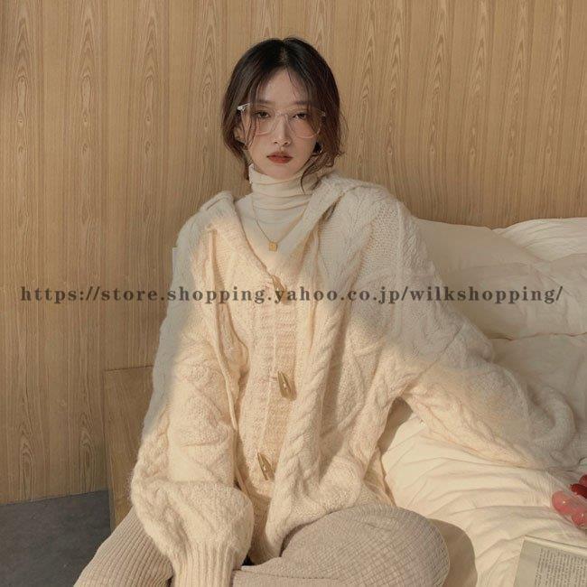 フード付き ニットカーディガン 厚手 ケーブル編み レディース 春