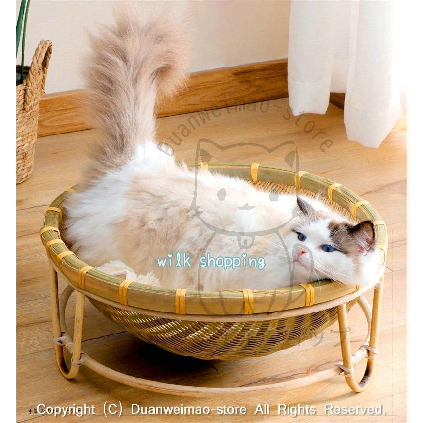 猫 ベッド 夏用 竹製 ハンモック風 ナチュラル カゴ 編み 丸型