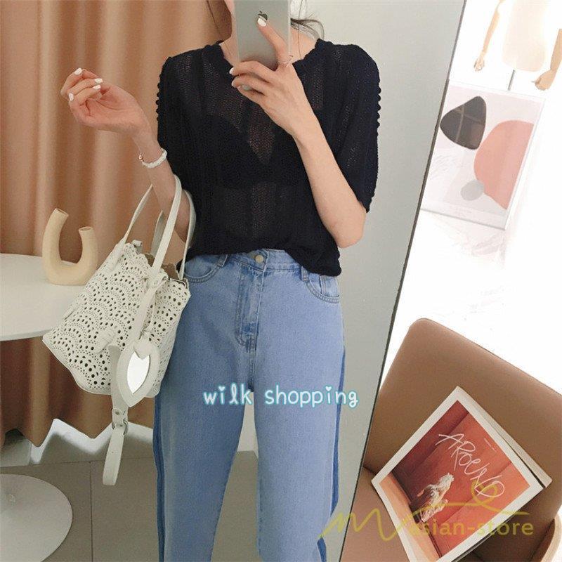 サマーニット レディース トップス カットソー パフスリーブ 半袖 5分袖 Tシャツ ニット 夏 透かし編み 薄手 涼しい 韓国ファッション リラックス コーデ Kk05 Mfz156 Wilk Shopping 通販 Yahoo ショッピング