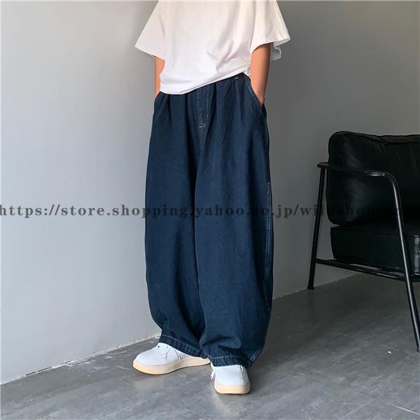 極太 デニム ジーンズ パンツ メンズ ルーズフィット B系 ウエストゴム 