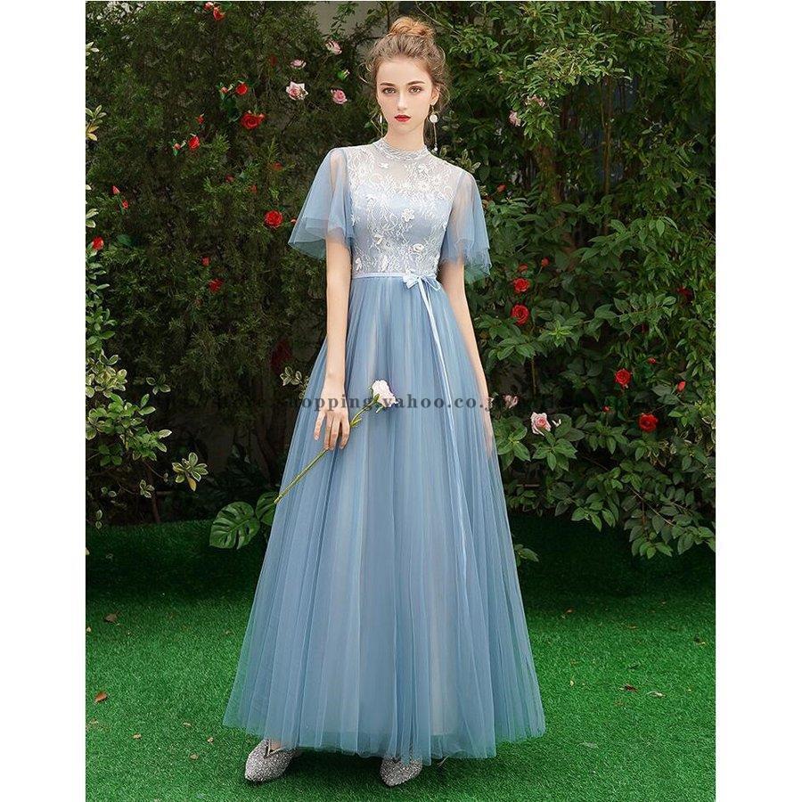 結婚式ワンピース 二次会 ドレス ブライズメイド ドレス 結婚式 ブルー ミモレ丈 フォーマルドレス ピアノ発表会 Vネック フリル 結婚式ドレス パーティドレス | ブランド登録なし | 06