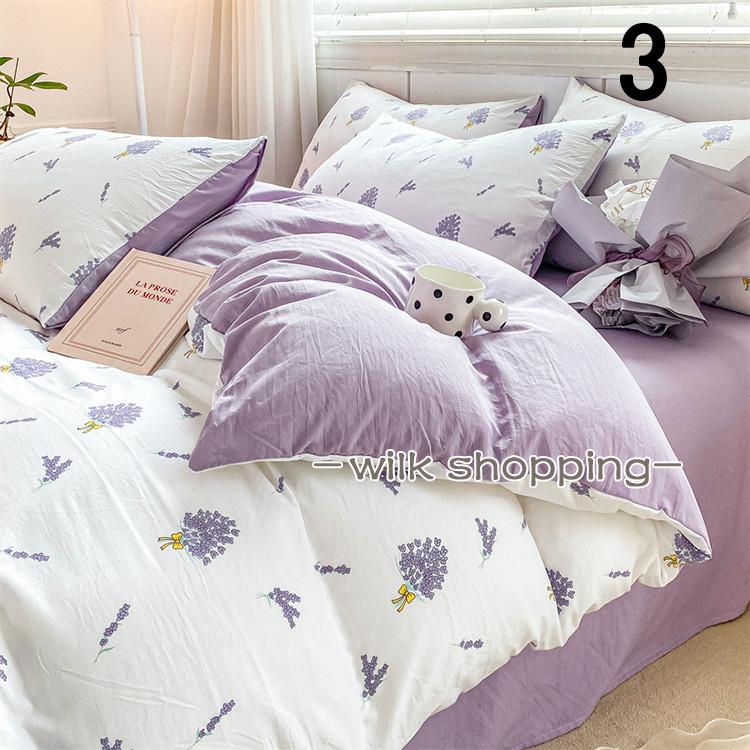 花柄ラベンダー色カバーセット セミダブル 布団カバー 3点セット シングル セミダブル ダブル クイーン 和式 花柄