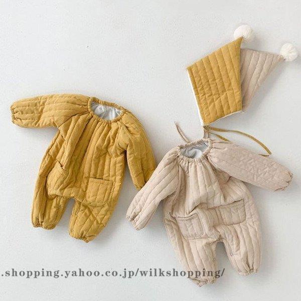 韓国子供服 ベビー 冬服 カバーオール ロンパース 新生児 66 73 80 90 100cm 出産祝い 男の子 女の子 長袖 ジャンプスーツ 帽子付け ２点セット オーバーオール カラー ベージュ