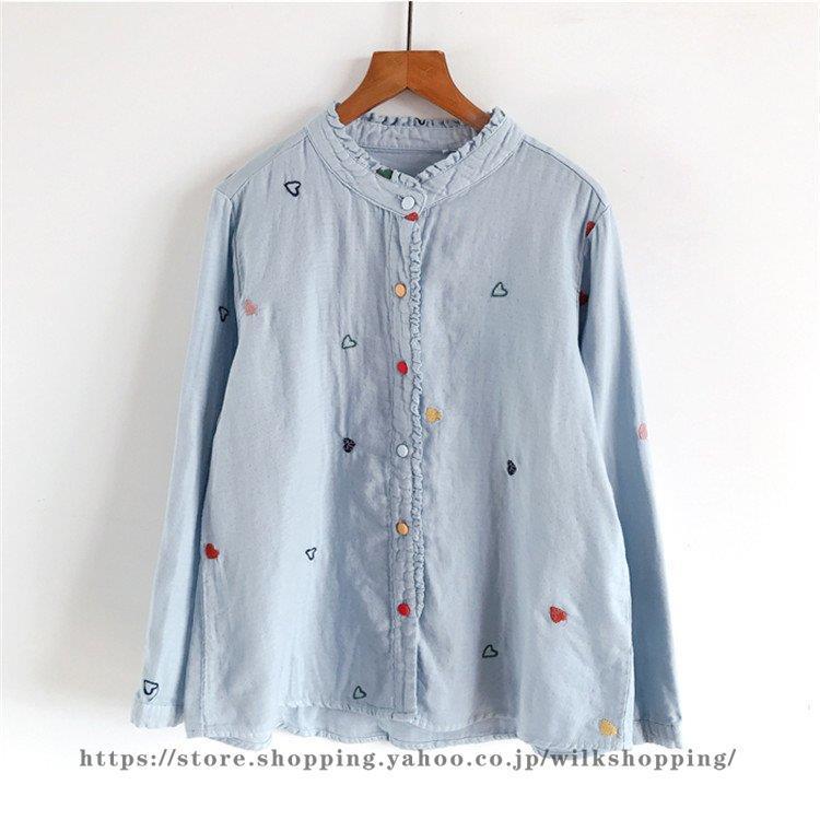トップス シャツ ブラウス トップス レディース 前後差 前開き 長袖 柄 2層 ガーゼ コットン 刺繍 ボタンデザイン ゆったり シンプル カジュアル 可愛い 春 秋 | ブランド登録なし | 01