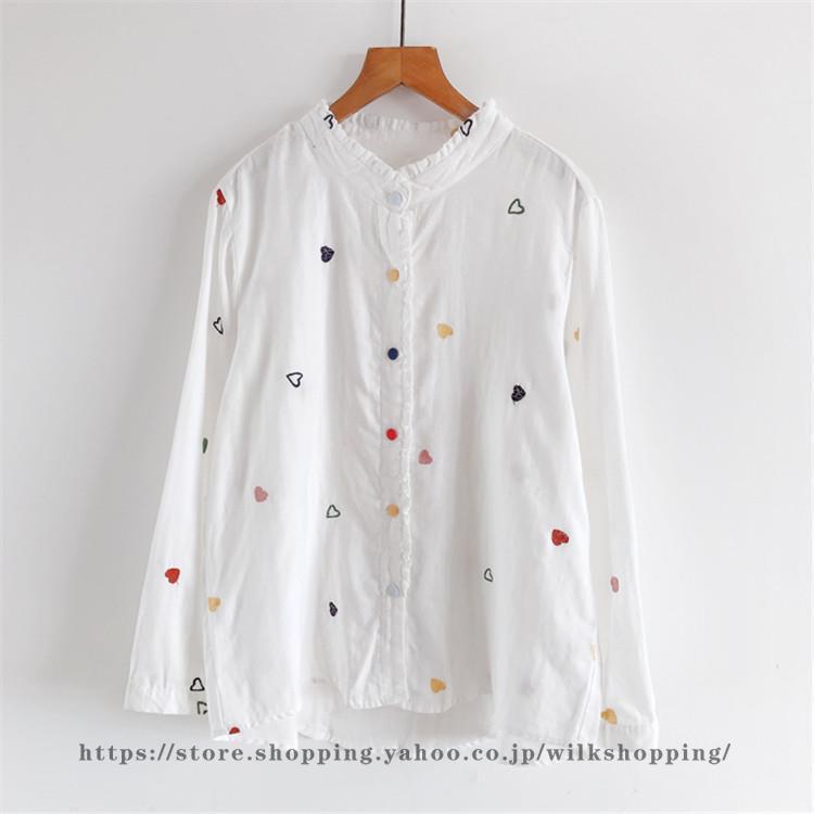トップス シャツ ブラウス トップス レディース 前後差 前開き 長袖 柄 2層 ガーゼ コットン 刺繍 ボタンデザイン ゆったり シンプル カジュアル 可愛い 春 秋 | ブランド登録なし | 13