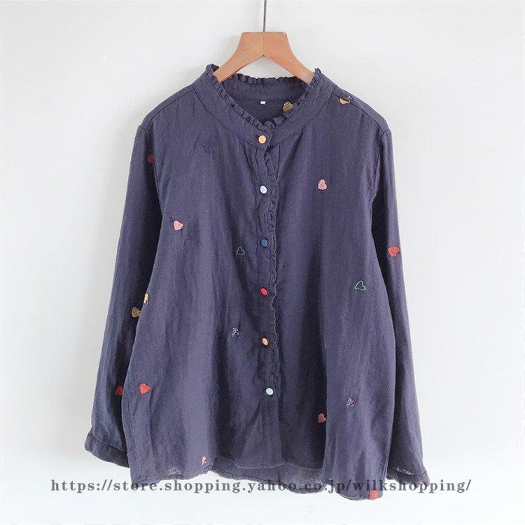 トップス シャツ ブラウス トップス レディース 前後差 前開き 長袖 柄 2層 ガーゼ コットン 刺繍 ボタンデザイン ゆったり シンプル カジュアル 可愛い 春 秋 | ブランド登録なし | 02