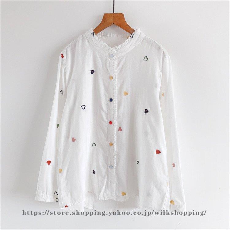 トップス シャツ ブラウス トップス レディース 前後差 前開き 長袖 柄 2層 ガーゼ コットン 刺繍 ボタンデザイン ゆったり シンプル カジュアル 可愛い 春 秋 | ブランド登録なし | 03