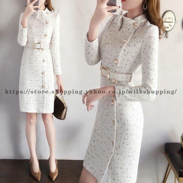 タイトワンピース 膝丈 韓国 長袖 ツイード 風 ワンピース レディース きれいめ 大きいサイズ 3l リボン ベルト付き ウエストマーク Kk0925 Ertn Wilk Shopping 通販 Yahoo ショッピング