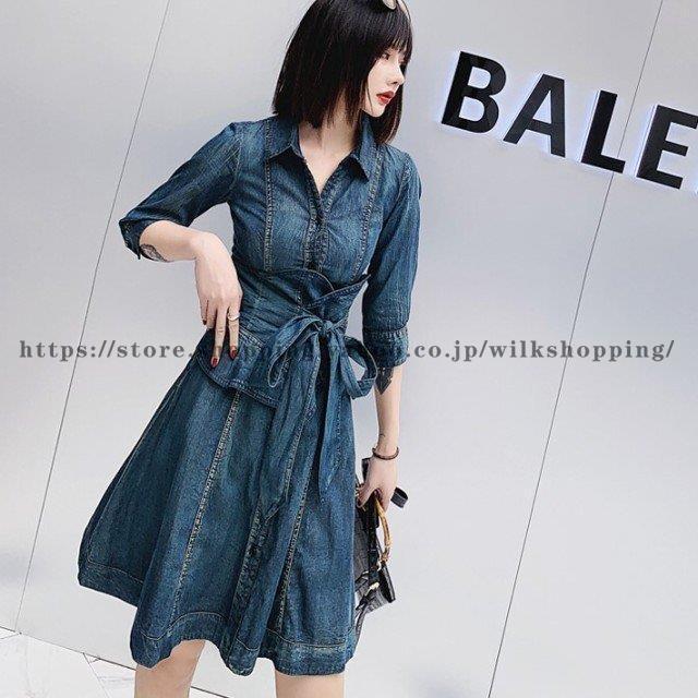 デニム ワンピース 夏 大きいサイズ デニムシャツワンピース レディース コルセットベルト ウエストリボン 膝上丈 五分袖 ウエストマーク 襟付き Kk0925 Ertn Wilk Shopping 通販 Yahoo ショッピング