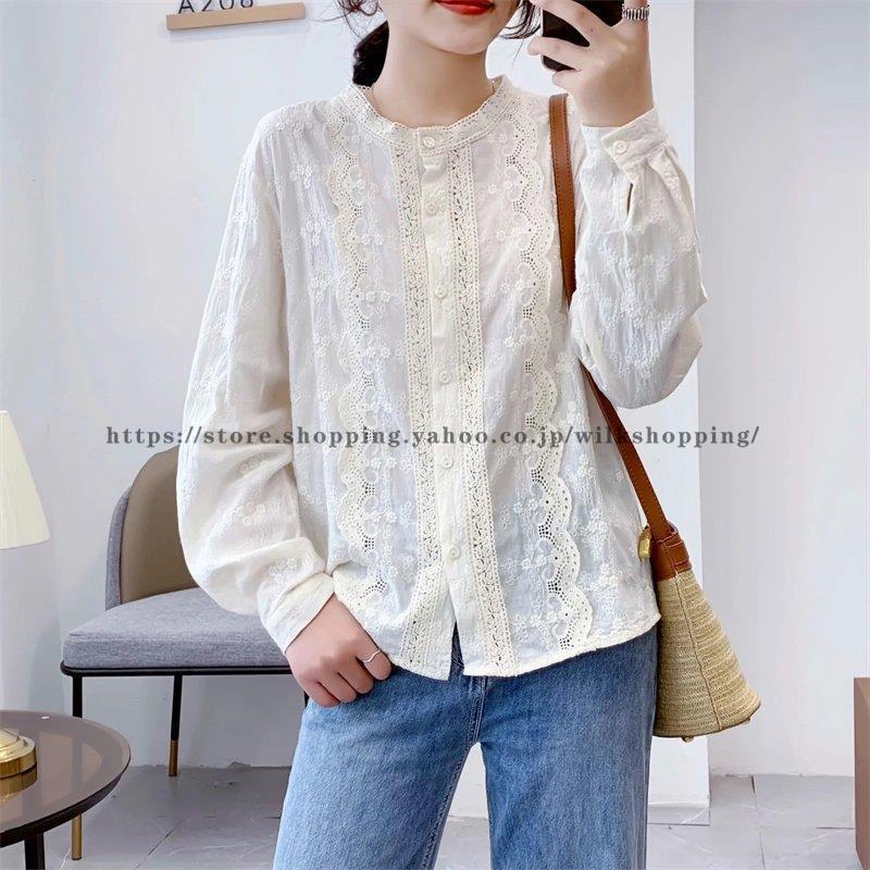 シャツ レディース トップス 長袖 秋 長袖シャツ 刺繍 シャツ