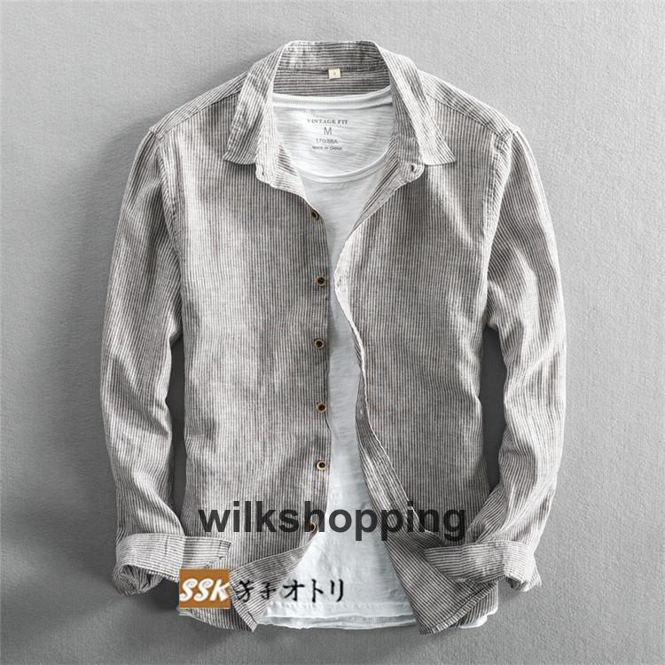 ストライプシャツ メンズ 綿麻 長袖シャツ カジュアルシャツ リネンシャツ 春 秋 ビジネス お兄系｜wilkshopping｜09