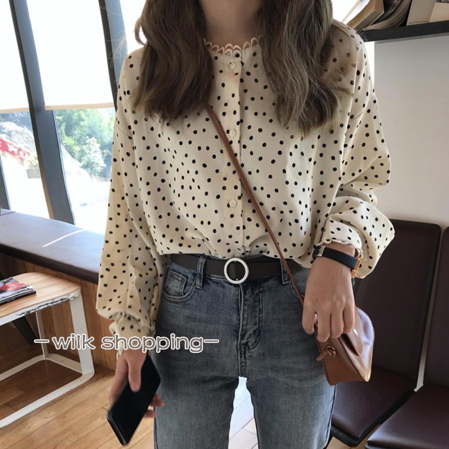 ドット柄 ブラウス レディース 長袖 トップス ゆったり シャツブラウス