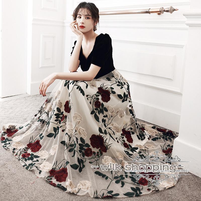 カラードレス カクテルドレス ロングドレス 花柄 ブラック パーティードレス フォマールドレス 発表会 演奏会 ステージ 二次会 コンサート コンクール | ブランド登録なし