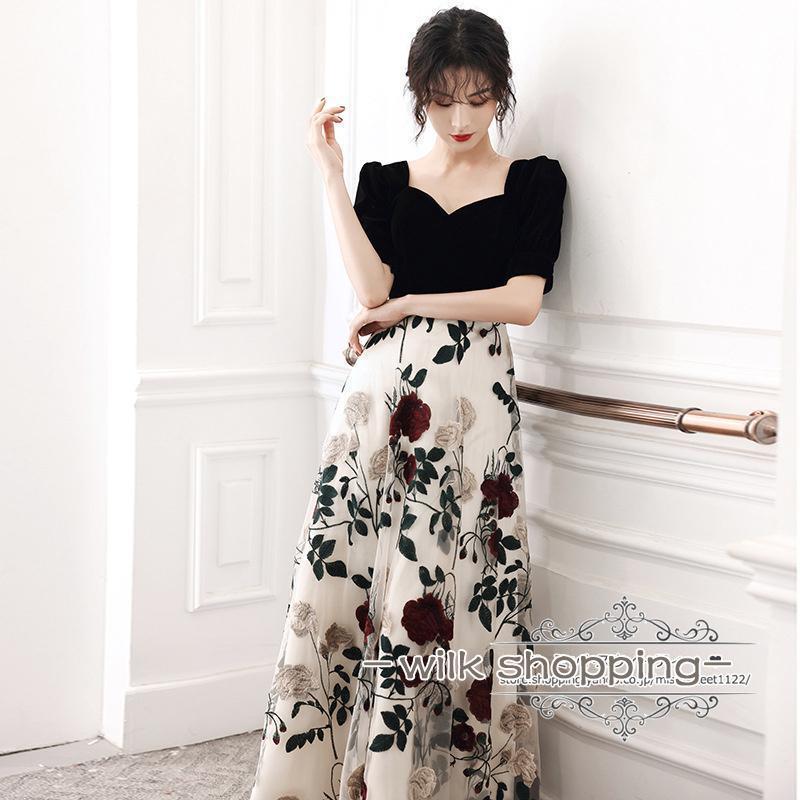 カラードレス カクテルドレス ロングドレス 花柄 ブラック パーティードレス フォマールドレス 発表会 演奏会 ステージ 二次会 コンサート コンクール | ブランド登録なし | 01