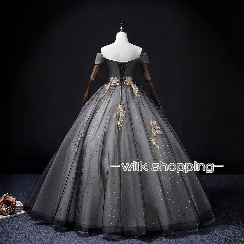 カラードレス プリンセスライン ブラック オフショルダー フリル ロングドレス ウェディングドレス 結婚式 二次会 花嫁 前撮り 演奏会 発表会 ステージ衣装_1