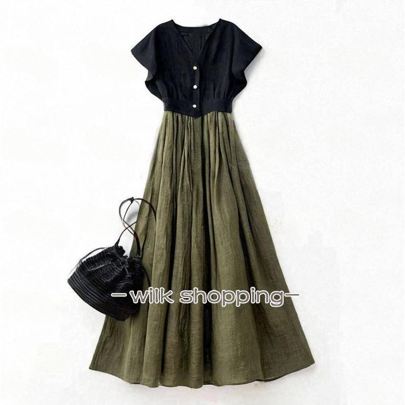 ワンピース バイカラー 切り替え aラインワンピース 夏服