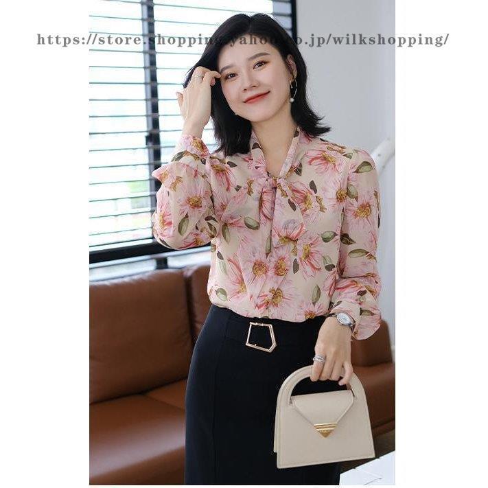 ブラウス トップス 花柄 シフォン とろみ オフィスカジュアル ビジネス