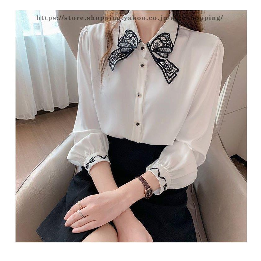 ブラウス トップス 襟付き パフスリーブ 長袖 ボタン ロマンティック