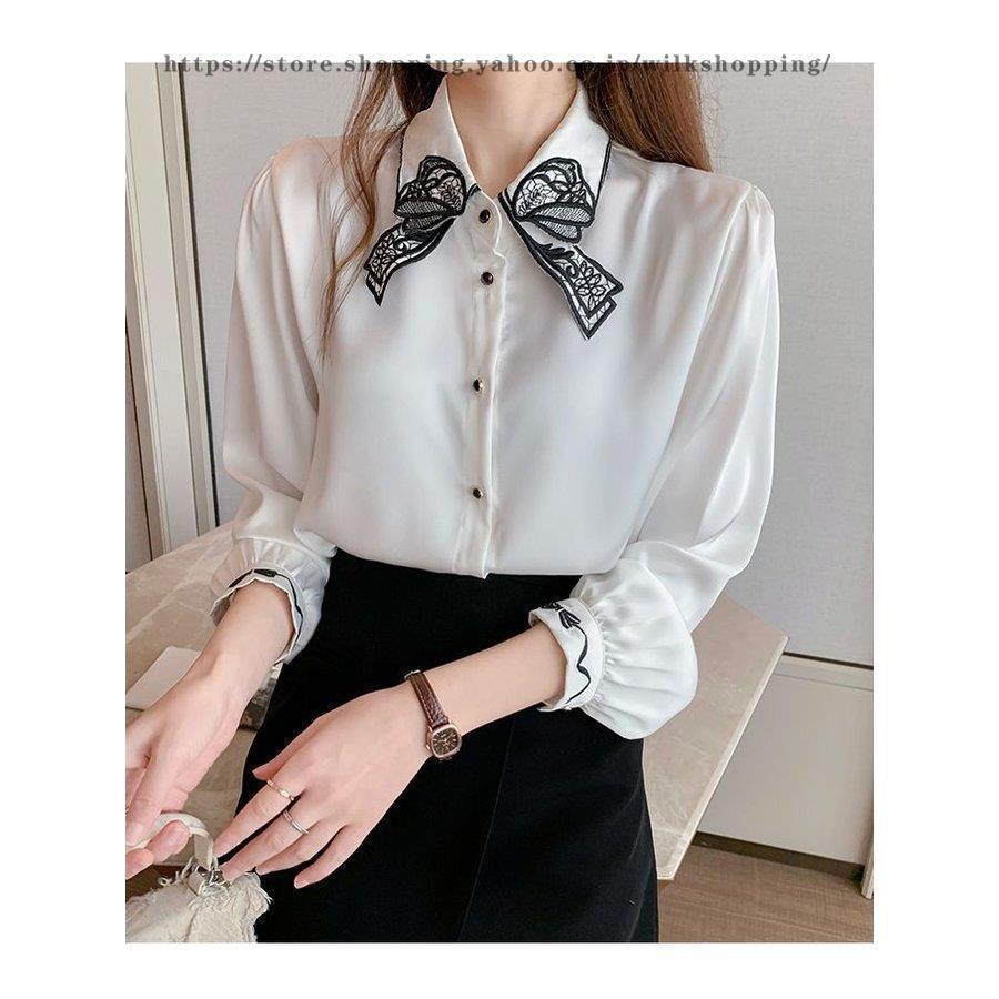 ブラウス トップス 襟付き パフスリーブ 長袖 ボタン ロマンティック