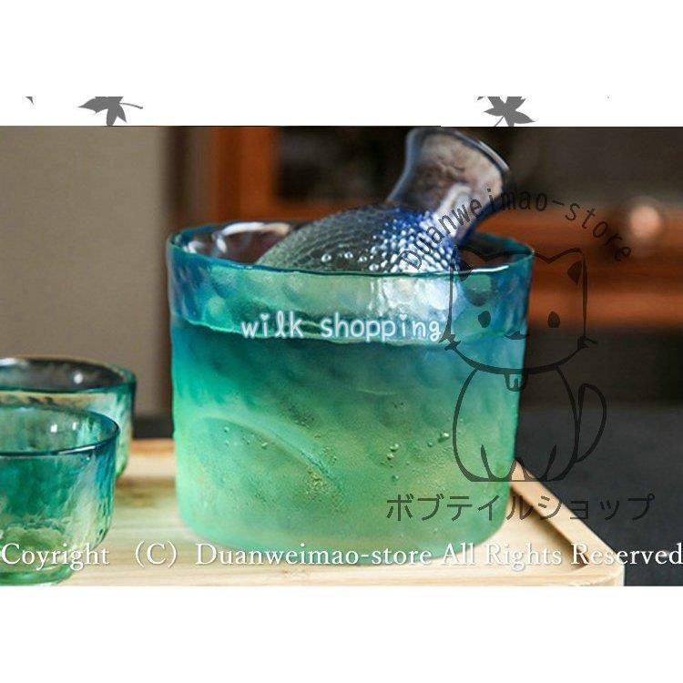 【美品】ブルーガラス　冷酒器セット 冷酒器セット 徳利 ガラス 6点セット ガラス酒器セット ゴールド