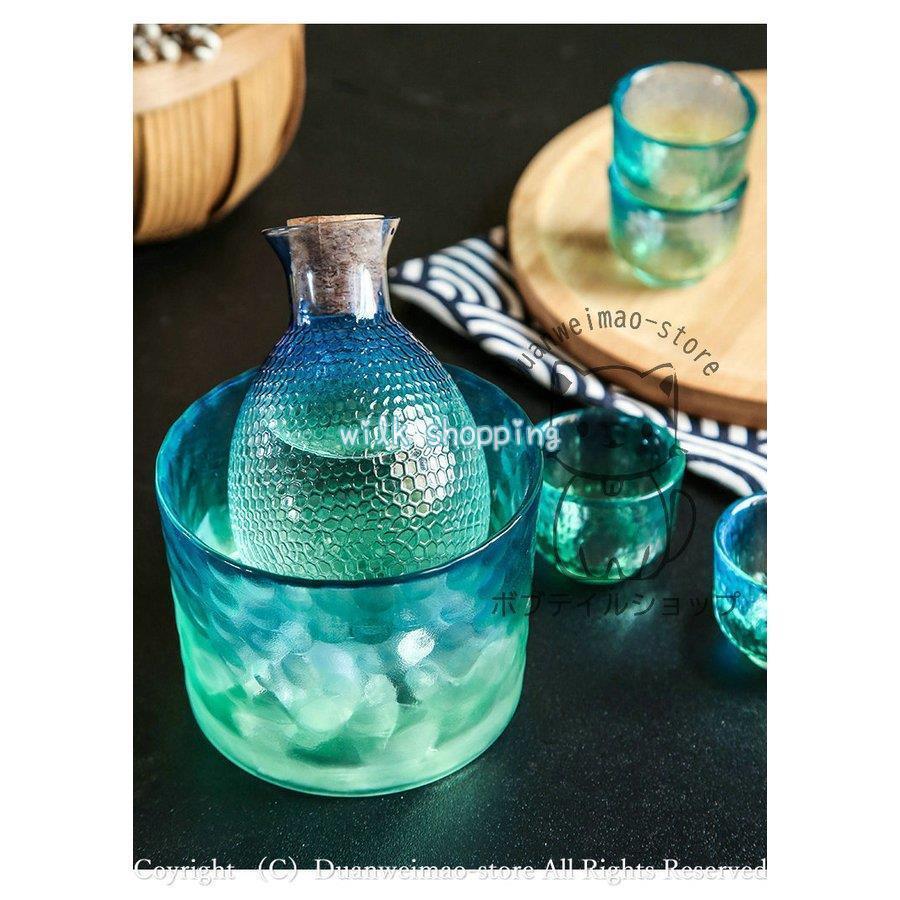 【美品】ブルーガラス　冷酒器セット 冷酒器セット 徳利 ガラス 6点セット ガラス酒器セット ゴールド