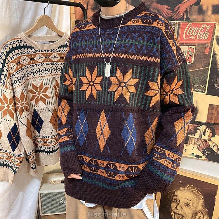 メンズファッション 軽量 ストレッチ性 吸水速乾 ニットセーター メンズ 長袖 春 秋 冬 レトロ 総柄 ゆったり カップル レディース イギリス風 紳士服 Ymgjspsmcs Boulevardrestaurants Com