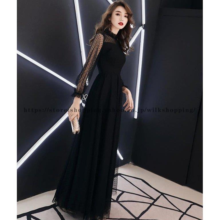 黒ロングドレス ハイネック お呼ばれ ドレス パーティードレス 着痩せ 成人式 演奏会 卒業式 20代 30代 結婚式 ワンピース 二次会 同窓会 セール | ブランド登録なし | 01