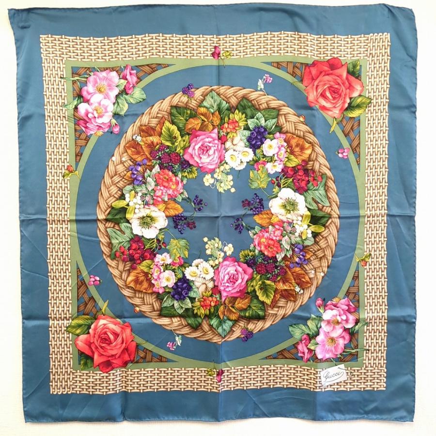 グッチ 100% シルク スカーフ 花柄 バラ ブラック レッド イタリア製 GUCCI（グッチ） 100% シルクスカーフ 花柄 フローラル バラ