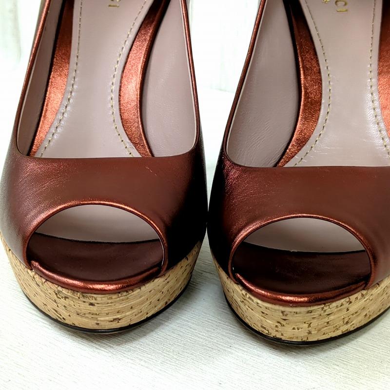 グッチ GUCCI パンプス レザー オープントゥ ハイヒール 厚底 37 赤茶 イタリア製_4