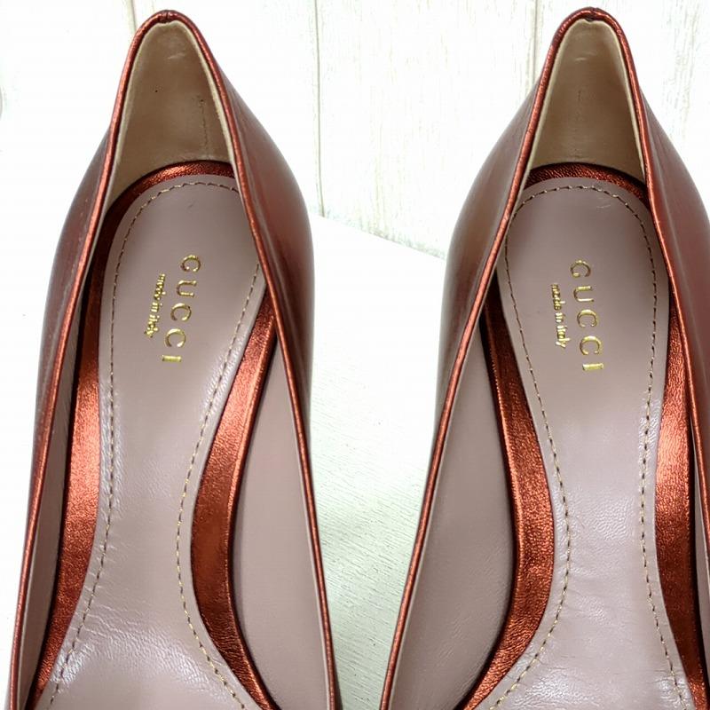 グッチ GUCCI パンプス レザー オープントゥ ハイヒール 厚底 37 赤茶 イタリア製_5